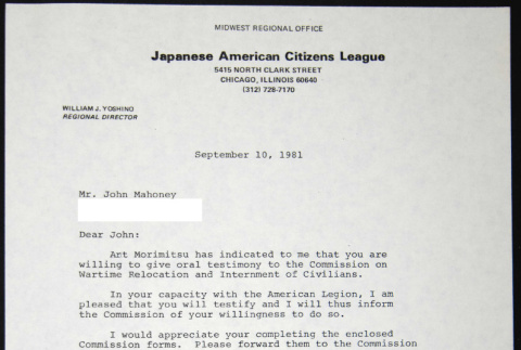 Letter to John Mahoney from Bill Yoshino (ddr-chijacl-1-571)