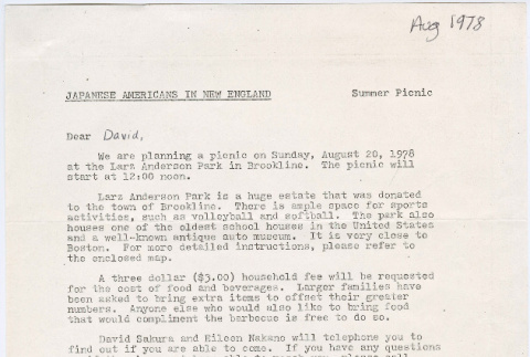 Letter from Waichiro Hayashi re:  summer picnic (ddr-densho-523-725)