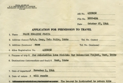 Application for Permission to Travel (ddr-densho-203-33)