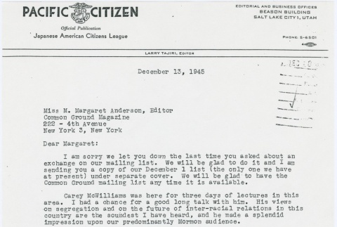 Letter from Larry Tajiri to Margaret Anderson, editor of Common Ground (ddr-densho-338-458)