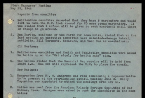 Minutes from the Heart Mountain Block Chairmen meeting, April 29, 1944 (ddr-csujad-55-454)