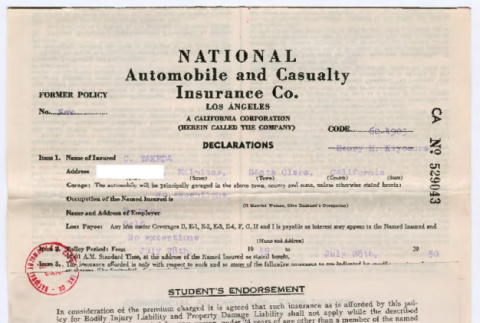 National Automobile and Casualty Insurance Co policy (ddr-densho-501-128)