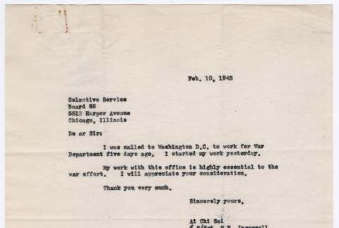 Letter from Ai Chih Tsai to Selective Services, Chicago (ddr-densho-446-108)