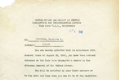 Notice of transfer to Tule Lake (ddr-densho-188-37)
