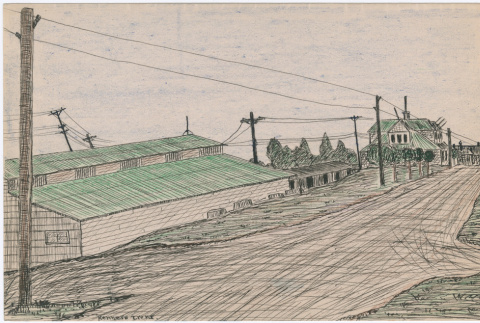 Drawing of warehouses and the music conservatory at Tanforan Assembly Center (ddr-densho-392-17)