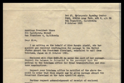 Letter from Akio Adachi to American President Lines, October 5, 1951 (ddr-csujad-55-2247)