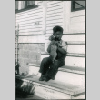 Boy sitting on steps holding cat (ddr-densho-523-246)