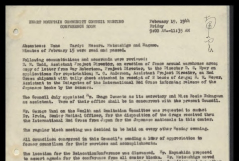 Minutes from the Heart Mountain Community Council meeting, February 19, 1944 (ddr-csujad-55-525)