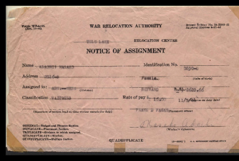 Notice of assignment, Form WRA-21, Masako Adachi (ddr-csujad-55-1961)