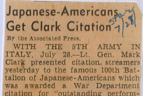 Article titled:  Japanese Americans Get Clark Citation (ddr-densho-539-95)