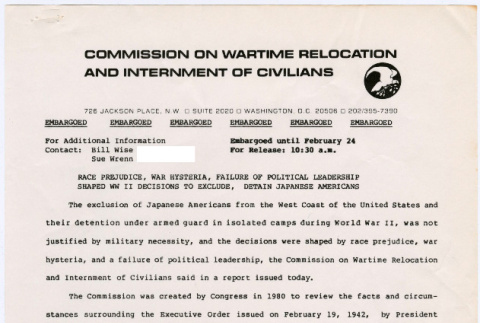 Press Release for findings of the Commission on Wartime Relocation and Internment of Civilians (CWRIC) (ddr-densho-122-296)