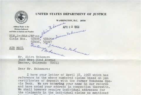 Letter regarding claim for losses during World War II (ddr-densho-179-245)