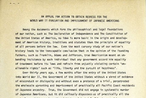An Appeal for Action to Obtain Redress for the World War II Evacuation and Imprisonment of Japanese Americans (ddr-densho-274-157)