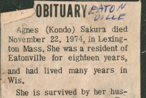 Agnes Sakura obituary clipping from Eatonville (ddr-densho-523-671)