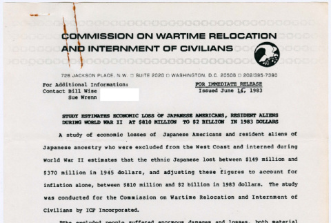Press Release for results of study of economic losses of Japanese Americans during WWII (ddr-densho-122-297)