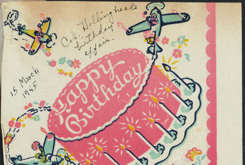 Birthday napkin from Col. Hollinghead's birthday affair (ddr-csujad-49-95)