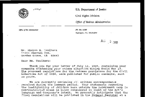 Letter from Valerie R. O'Brian, Legal Counsel, U.S. Department of Justice, Civil Rights Division to Sharon M. Tanihara, August 9, 1989 (ddr-csujad-55-2060)