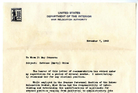 Letter from Ed Bethune, Personnel Technician, United States Department of the Interior War Relocation Authority, November 7, 1945 (ddr-csujad-5-101)