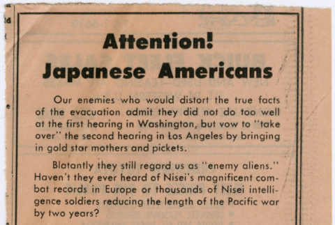 Newspaper ad encouraging Japanese American to testify at hearings (ddr-densho-122-278)