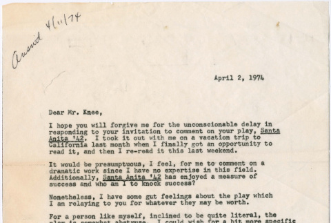 Carbon copy of letter to Allan Knee from Bill Hosokawa (ddr-densho-367-345)