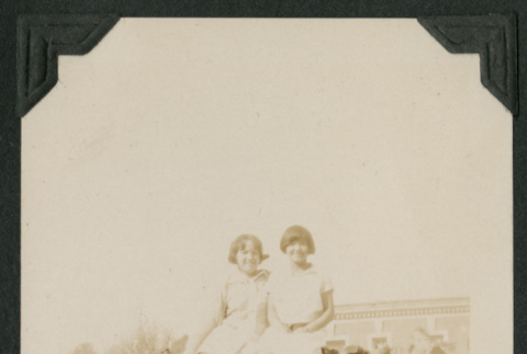 two girls on wood pile (ddr-densho-378-552)