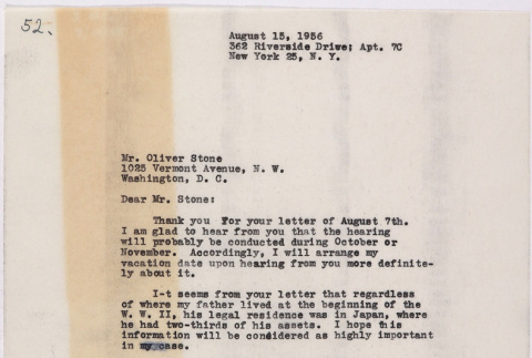 Letter from Lawrence Miwa to Oliver Ellis Stone concerning claim for James Seigo Maw's confiscated property (ddr-densho-437-233)