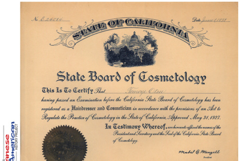 Graduation Diploma and cosmetology certification for Tomoe Otsu (ddr-ajah-6-925)
