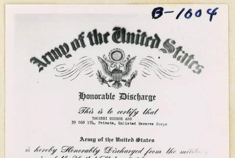 Honorable discharge for Takeshi Abo (ddr-densho-37-1990)
