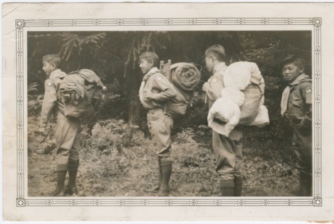 Four boy scouts with backpacks (ddr-densho-330-288)