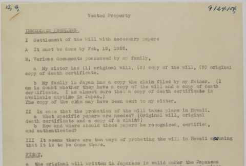 Copy of list of issues to be resolved related to the family's claim (ddr-densho-437-184)