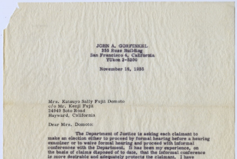 Letter to Sally Domoto from John Gorfinkel (ddr-densho-329-1233)