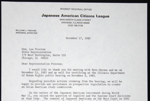 Letter to Lee Preston from William Yoshino (ddr-chijacl-1-740)