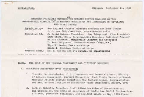 Proposed principle witnesses for greater Boston hearings by the Commission of Wartime Relocation and Internment of Civilians (ddr-densho-523-773)