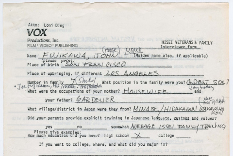 John (Moose) Fujikawa interviewee form (ddr-densho-1007-966)