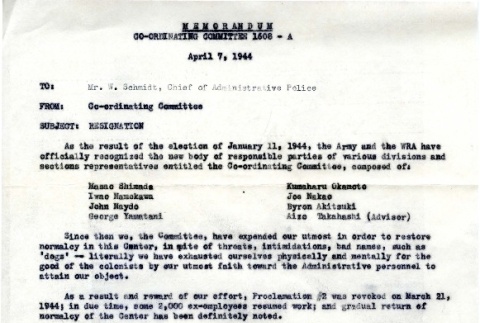 Memo from Co-ordinating Committee to Mr. W. [Willard E.] Schmidt, Chief of Administrative Police, April 7, 1944 (ddr-csujad-2-74)