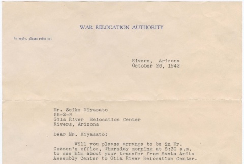 Correspondence regarding transfer from Santa Anita Assembly Center to Gila River concentration camp (ddr-densho-320-4)