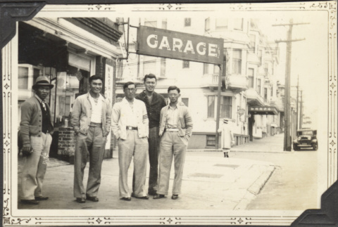 Group of 5 men outside garage (ddr-densho-326-576)