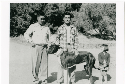 Guntaro Kubota with unidentified man and child, with large dog (ddr-densho-122-646)