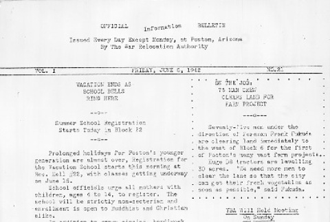 Poston Information Bulletin Vol. I No. 21 (June 5, 1942) (ddr-densho-145-21)
