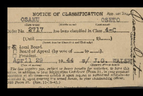 Notice of classification, DSS form 57 rev., Osamu Oseto (ddr-csujad-55-1897)