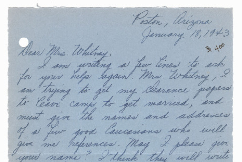 [ Letter to Mrs. Whitney from Shizuye Fukuda | January 18, 1943 ] (ddr-janm-22-104)