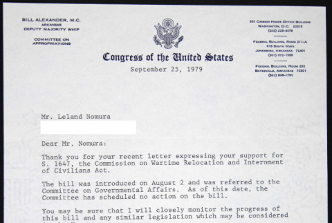 Letter to Leland Nomura from Bill Alexander (ddr-chijacl-1-357)