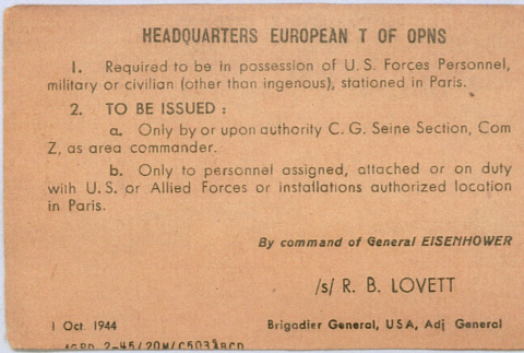 U.S. military pass for military of civilians stationed in Paris (ddr-densho-539-55)