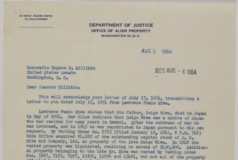 Copy of letter from Paul Byron, Office of Alien Property, to Sen. Eugene Milliken (ddr-densho-437-169)