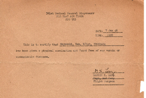 381st Medical General Dispensary certifying health of Ben Mayewaki; with certificate for approval to keep items (ddr-densho-563-48)