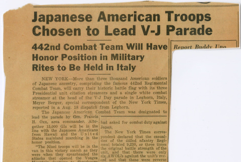 Article titled:  Japanese American Troops Chosen to Lead V-J Parade (ddr-densho-539-105)