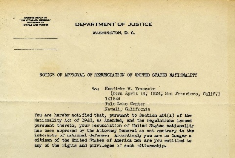 Notice of Approval of Renunciation of United States Nationality (ddr-densho-188-31)