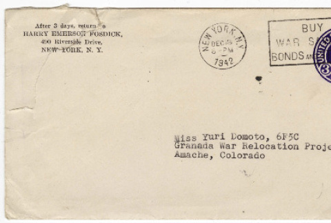 Letter to Yuri Domoto from Harry Emerson Fosdick (ddr-densho-356-229)