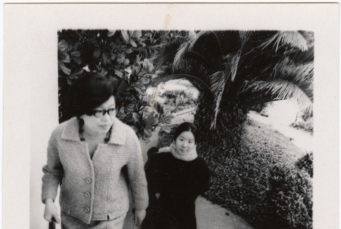 Tomoye and Masako Takahashi on stairs (ddr-densho-426-232)