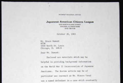 Letter to Bruce Dumont of WTTW Television from Bill Yoshino (ddr-chijacl-1-742)